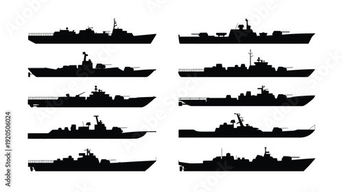 Military ship silhouettes bundle naval vessels warships side view black icons transportation fleet navy vector graphics