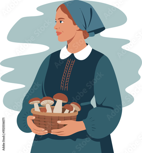 Nordic rural woman with basket of wild mushrooms.