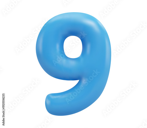 Blue glass icon, 3d render number 9, nine sign. Realistic design element. Vector illustration isolated on white.