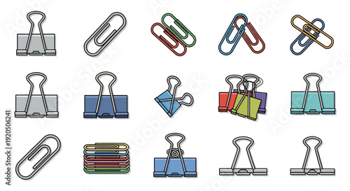 A collection of various office supplies including different types of paper clips and binder clips in an assortment of colors and styles.