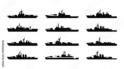 Collection of various military ship silhouettes in black on white background for design and naval concepts