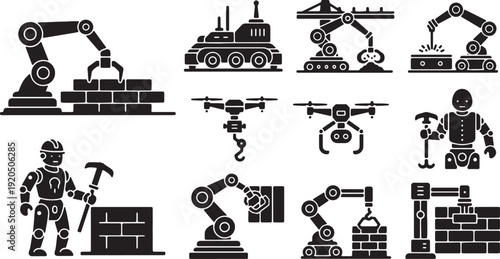 Robotics Automation Construction Icons Set Isolated on White Background