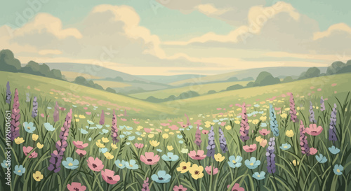 Vibrant Wildflower Field with Rolling Green Hills on a Serene Day