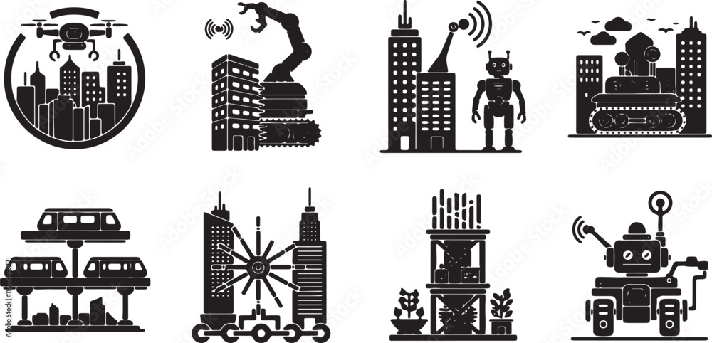 Fototapeta premium Smart City Technology Icon Set with Drones, Robots, and Automated Systems in Urban Landscape Flat Design