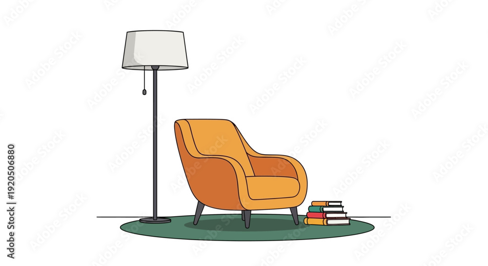 Fototapeta premium Cozy reading nook with an armchair, floor lamp, and books.