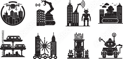 Smart City Technology Icon Set with Drones, Robots, and Automated Systems in Urban Landscape Flat Design
