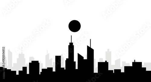 Minimalist black and white city skyline silhouette with a black circle.