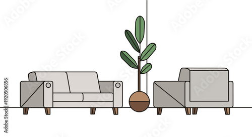 Modern living room with sofa, armchair and plant illustration.