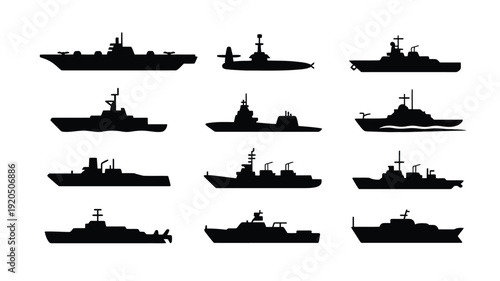 Collection of various military ship silhouettes on white background naval fleet icons
