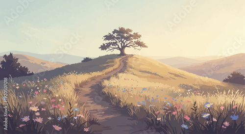 Lone oak tree on a hill with a winding path through a wildflower meadow landscape illustration