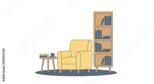 Cozy vector illustration of a reading corner with a yellow armchair and bookshelf