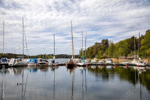 Boats and yachts at a pier on a lake on a summer day