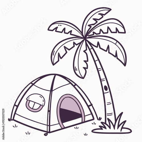 Tropical beach scene with a house, tent, and palm trees by the ocean at sunset