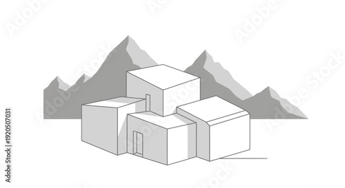 Minimalist modern cubic houses in front of gray mountain peaks illustration