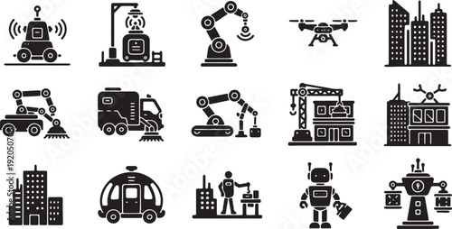Smart City Automation Robotics Future Technology Urban Development Glyph Icons