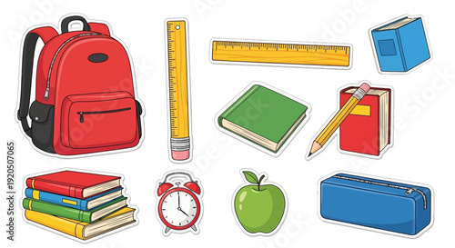 Set of cartoon school supply stickers with backpack, books, ruler, and stationary