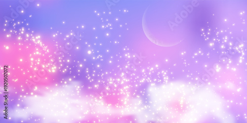 Dreamy pink and blue glitter background with pastel clouds, sparkling moon, and cute bokeh lights creating a magical fantasy sky with iridescent shimmer.