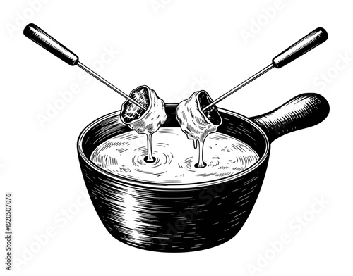 Black and white etching of cheese fondue with bread pieces forks food