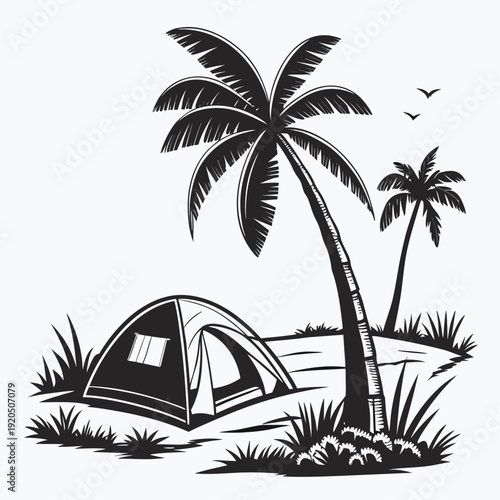A sunset vector illustration of a tropical paradise landscape featuring palm tree silhouettes on a sandy beach with a summer sea and island art design