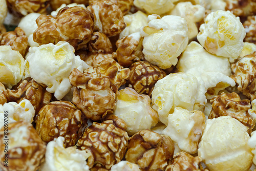 Pile of sweet popcorn covered with caramel glaze