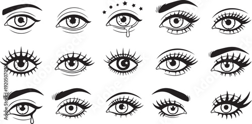 A diverse collection of stylized eyes showcasing various expressions and designs isolated on white background, Vector