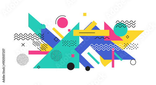 A vibrant geometric abstract design in retro Memphis style.