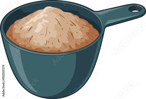Measuring cup filled with brown sugar ingredient, detailed baking utensil illustration isolated on white background, sweet cooking concept for kitchen recipe design and food preparation