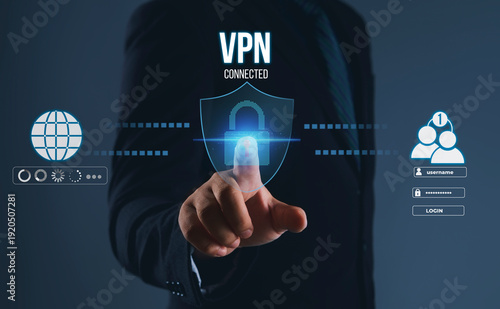 фотографія VPN connection security interface with businessman activating encrypted network access protecting online privacy secure login authentication and corporate cybersecurity data protection