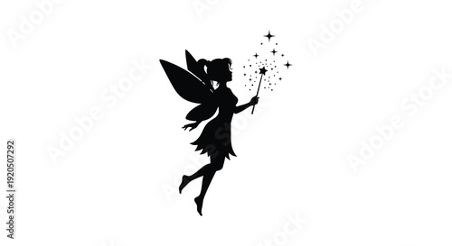 A delicate fairy figure with wings is depicted mid air casting magical sparkles with a wand a beautiful silhouette