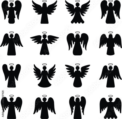 Set of angel silhouettes with wings and halo, black spiritual guardian figures collection isolated on white background for religious, Christmas and faith design