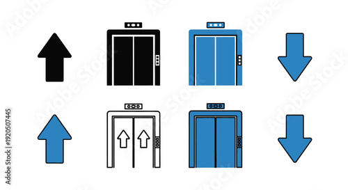 Simple icons depicting elevators and directional arrows in varying styles