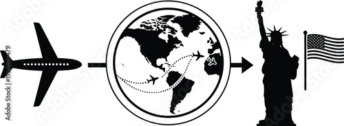 Air travel to United States concept with airplane world map Statue of Liberty silhouette