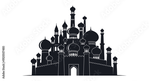 An elaborate black silhouette of a majestic palace with multiple domes and minarets silhouette high quality professional detailed modern