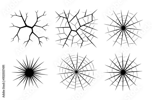 Collection of Black Cracked Spiderweb and Branching Line White Background abstract