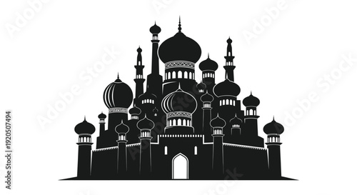 An intricately detailed black silhouette depicts a majestic islamic palace with multiple domes and minarets silhouette high quality professional