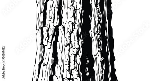 A striking black and white image depicts the textured bark of a tall tree against a plain white background silhouette