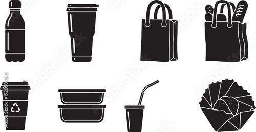 Disposable Food Drink Packaging Black Silhouettes Isolated Vector Icons Set