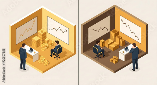 Business Growth and Decline Visual Comparison Isometric Illustration Showing Financial Success and Market Losses with Professionals
