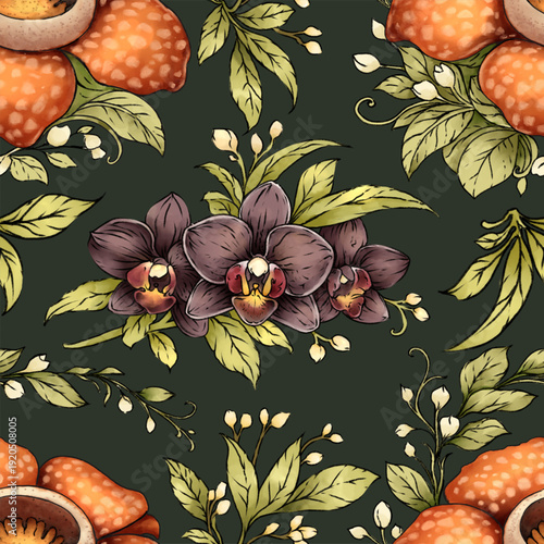 Black Orchid and Rafflesia Watercolor Pattern Army Paper Art Design