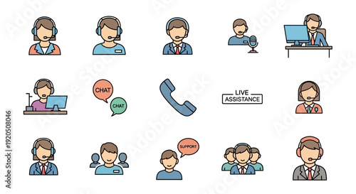 A collection of customer service and support icons featuring people with headsets, call center agents, chat bubbles, and live assistance symbols.