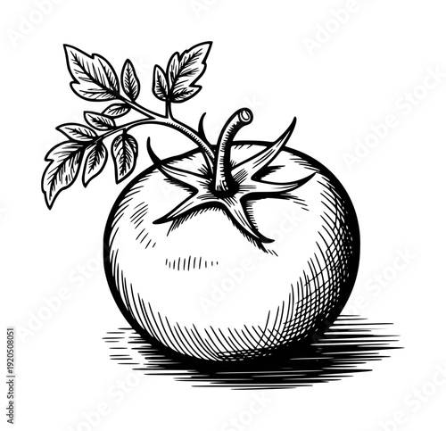 Vintage Hand Drawn Tomato with Leaves and Stem White Background food fruit