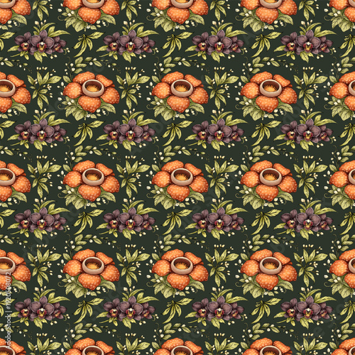 Black Orchid and Rafflesia Watercolor Pattern Army Paper Art Design