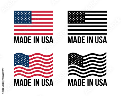 American flags with made in USA labels on white background