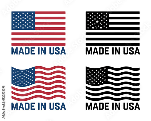 American flag made in USA labels and stickers with waving and straight designs