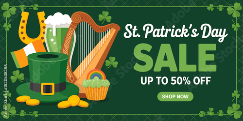 St Patricks Day sale advertisement with green hat and shamrocks and harp