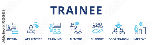 Trainee banner web icon vector illustration concept for internship training and learning program apprenticeship with an icon of intern, apprentice, training, mentor, support, cooperation and improve