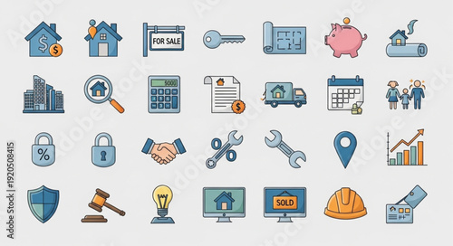 Collection of real estate and business icons for design.