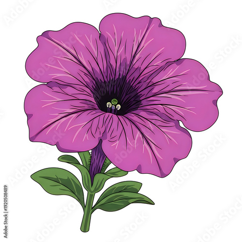 Wallpaper Mural A vibrant purple petunia flower with dark center and green leaves standing alone Torontodigital.ca