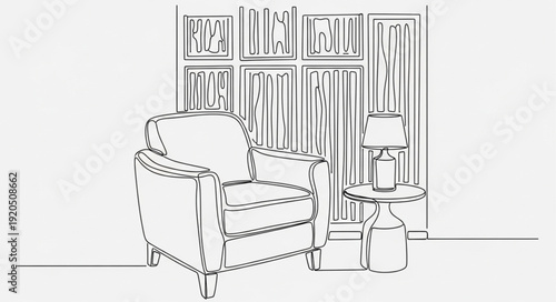Line drawing of a comfortable armchair next to a small side table.