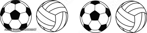 Soccer and volleyball balls collection set, cad drawing flat vector illustration of sports equipment icons isolated background